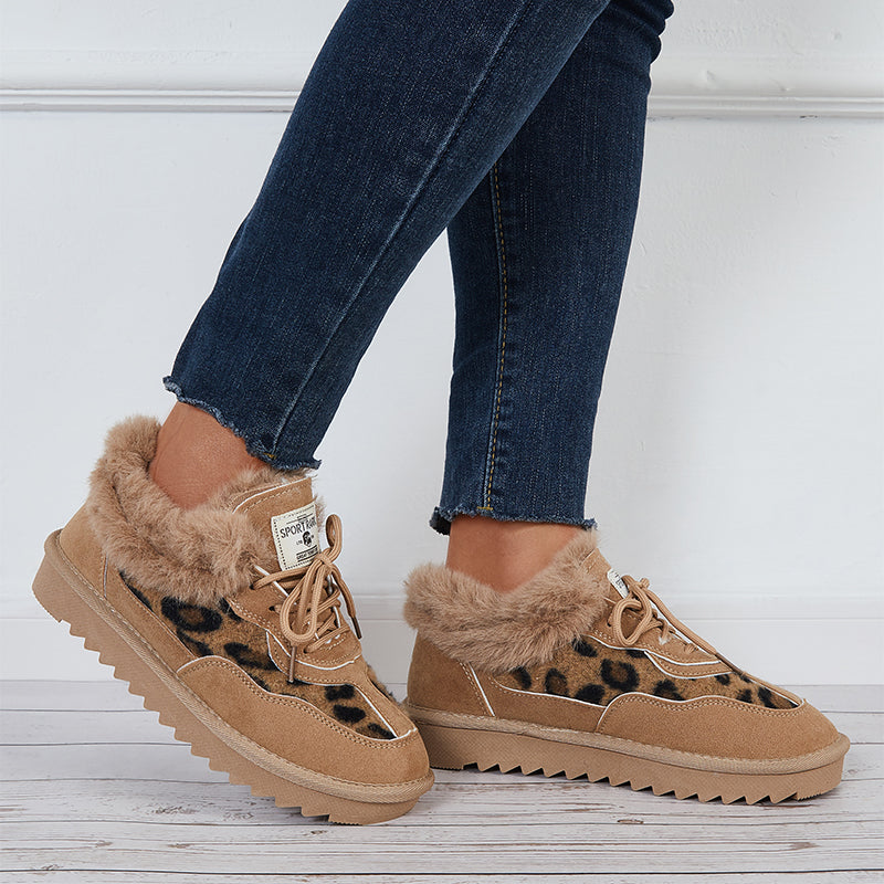 Leopard Lace Up Warm Flats Snow Boots Faux Fur Lined Loafer Shoes