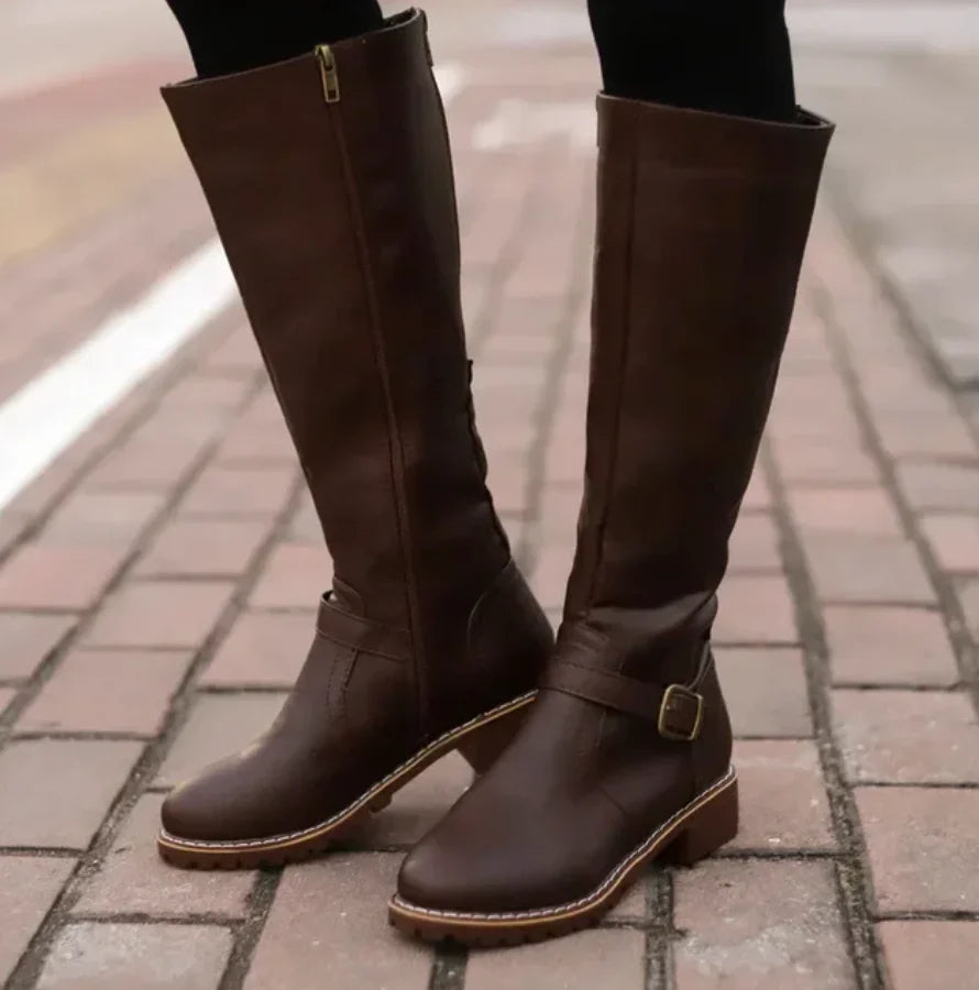 Women's Knee High Boots with Buckle Strap and Low Block Heel