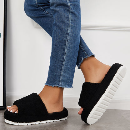 Open Toe Faux Fur Flat Slippers Soft Warm Slip on Furry Slippers