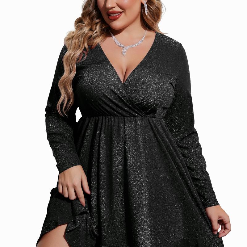 Sparkly V Neck Plus Size Party Dress - OutfitLondon