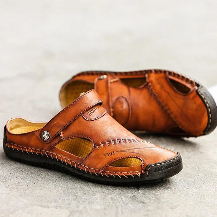 Men's Summer Hand Stitching Soft Outdoor Closed Toe Leather Beach Sandals Slippers