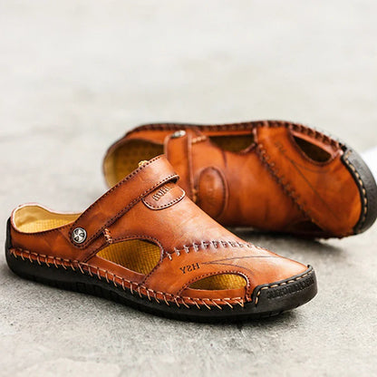 Men's Summer Hand Stitching Soft Outdoor Closed Toe Leather Beach Sandals Slippers