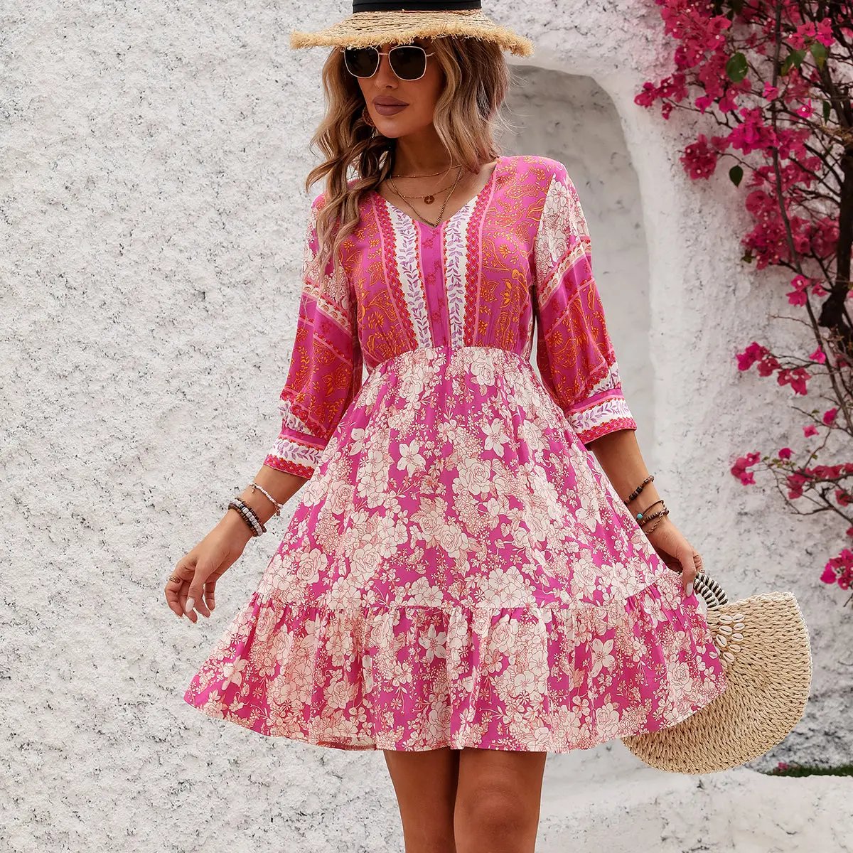 Trendy Floral V Neck Summer Mini Dress