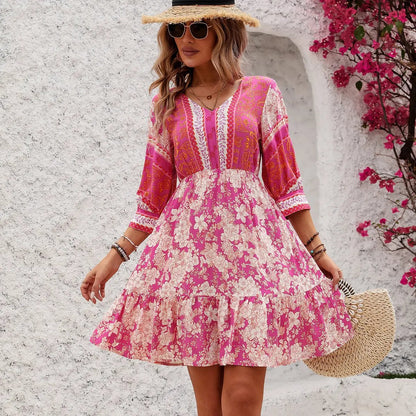 Trendy Floral V Neck Summer Mini Dress