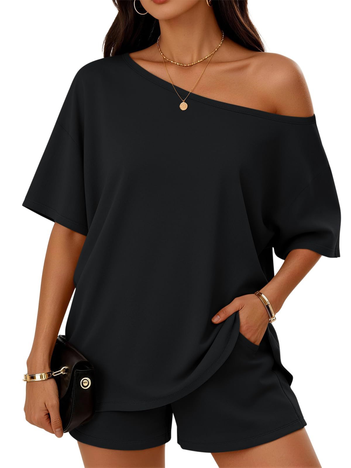 Women's Casual Cotton Slant-Neck Top and Shorts Loungewear Set