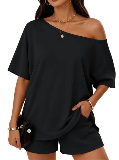 Women's Casual Cotton Slant-Neck Top and Shorts Loungewear Set