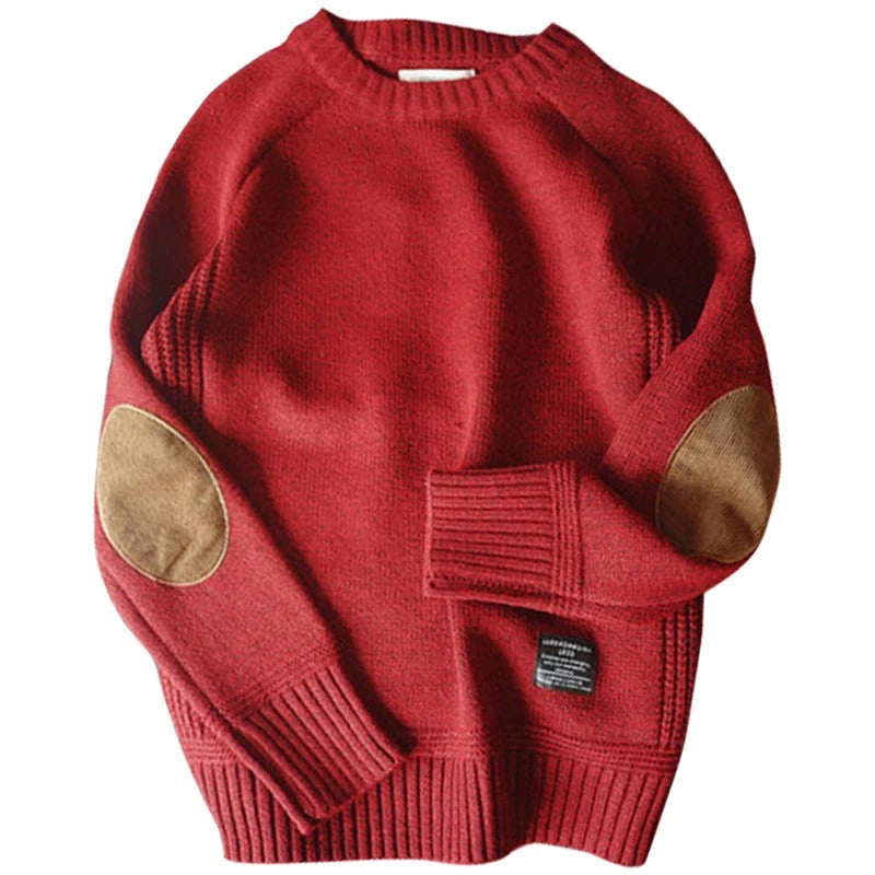Warm Crew Neck Patched Sweater