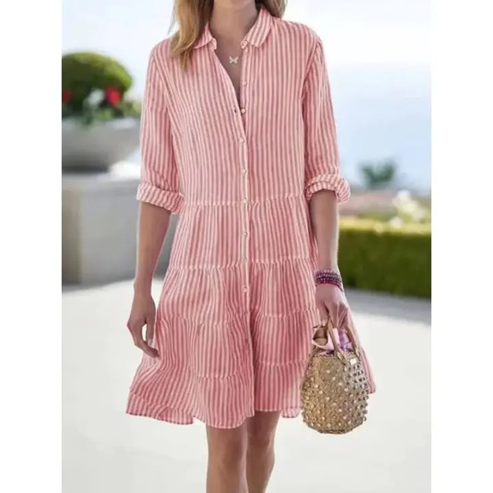 Breathable Cotton Stripe Sundress | Casual Button Front Dress
