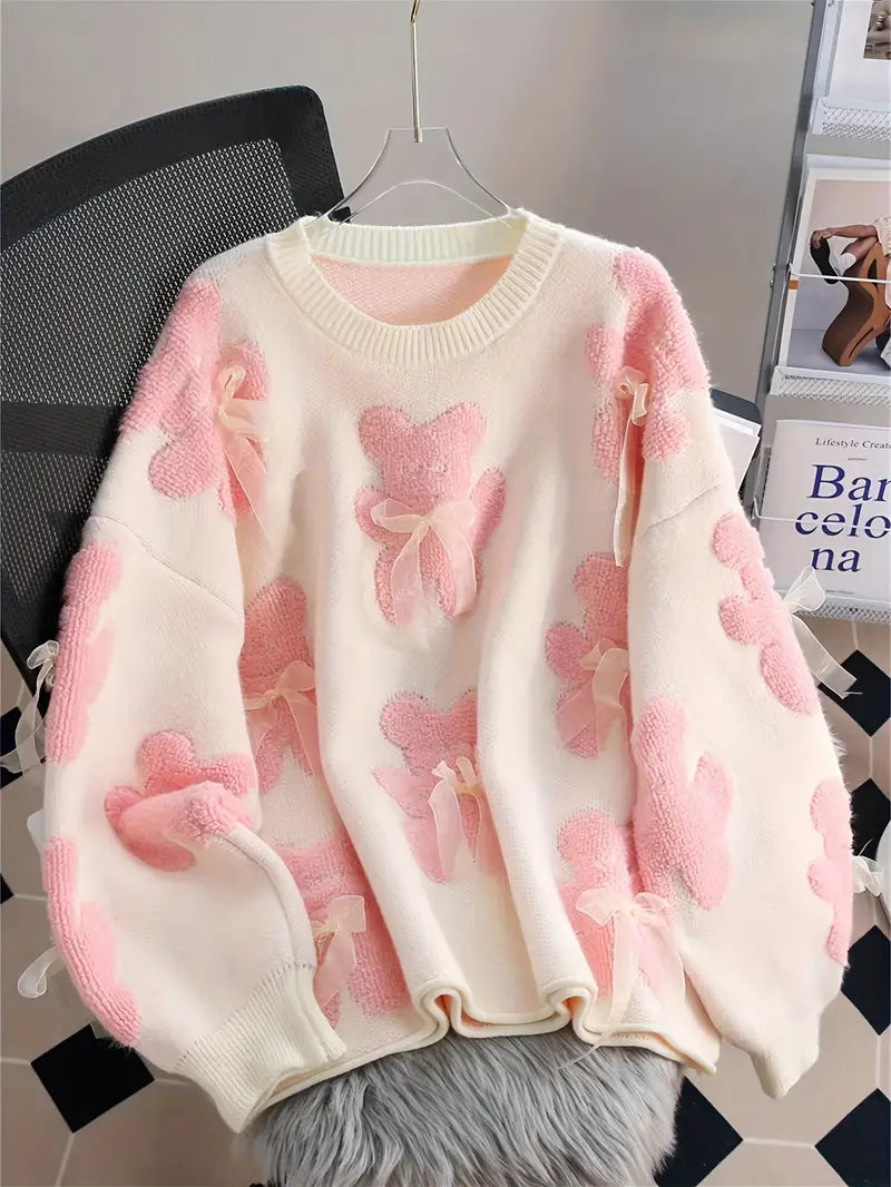 Soft Fuzzy Pullover with Fun Bear Pattern - OutfitLondon