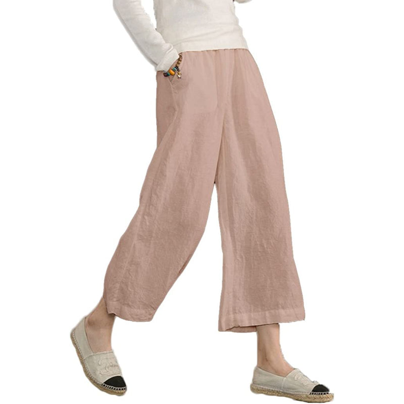 Women Loose Cotton Capris Cropped Wide Leg Pants