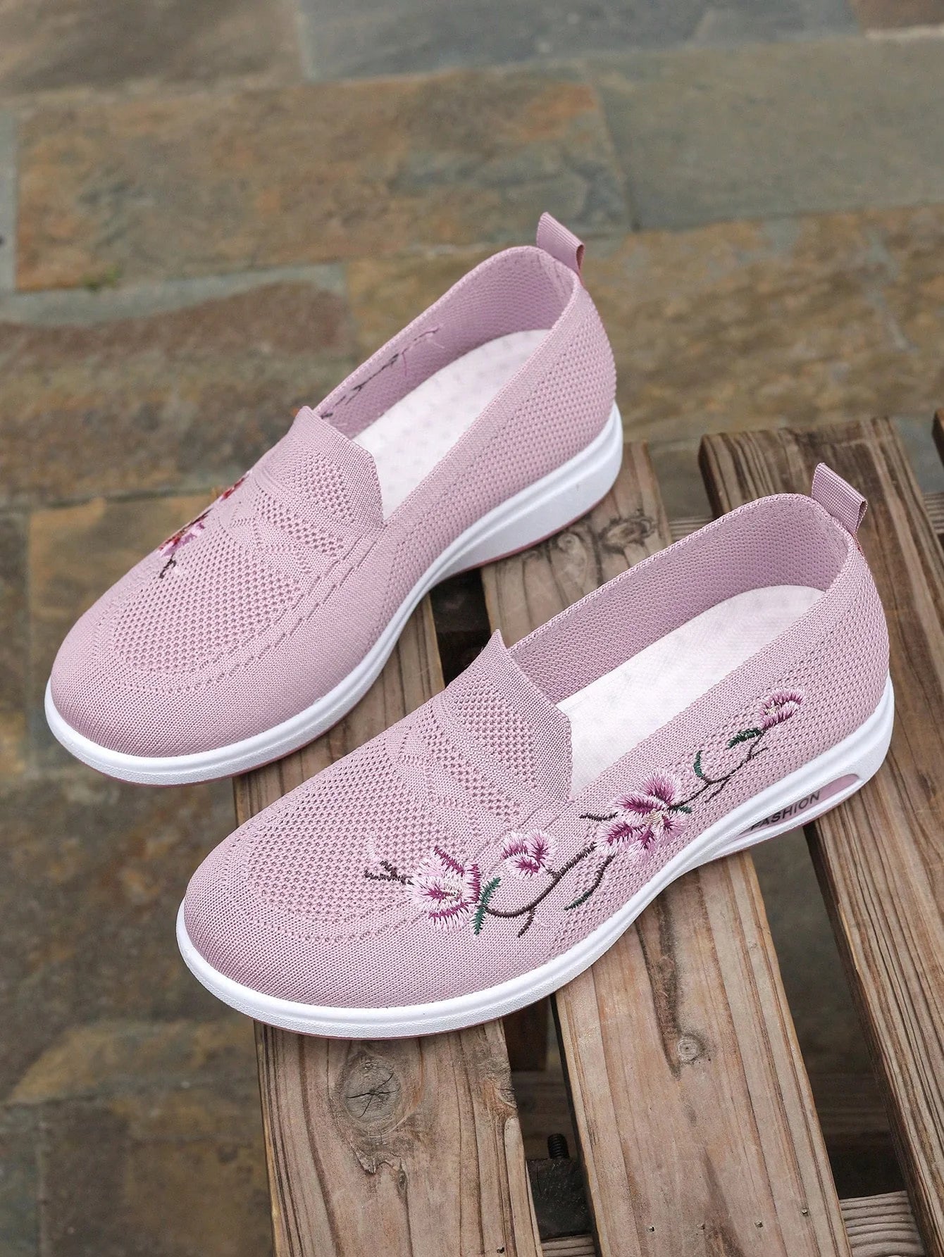 Sporty Sneakers For Women, Floral Embroidered Slip On Rocking Shoes