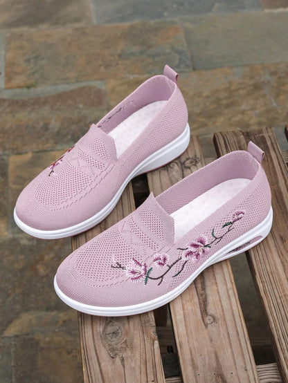 Sporty Sneakers For Women, Floral Embroidered Slip On Rocking Shoes