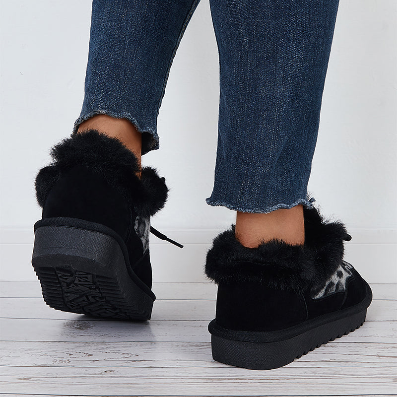 Leopard Lace Up Warm Flats Snow Boots Faux Fur Lined Loafer Shoes