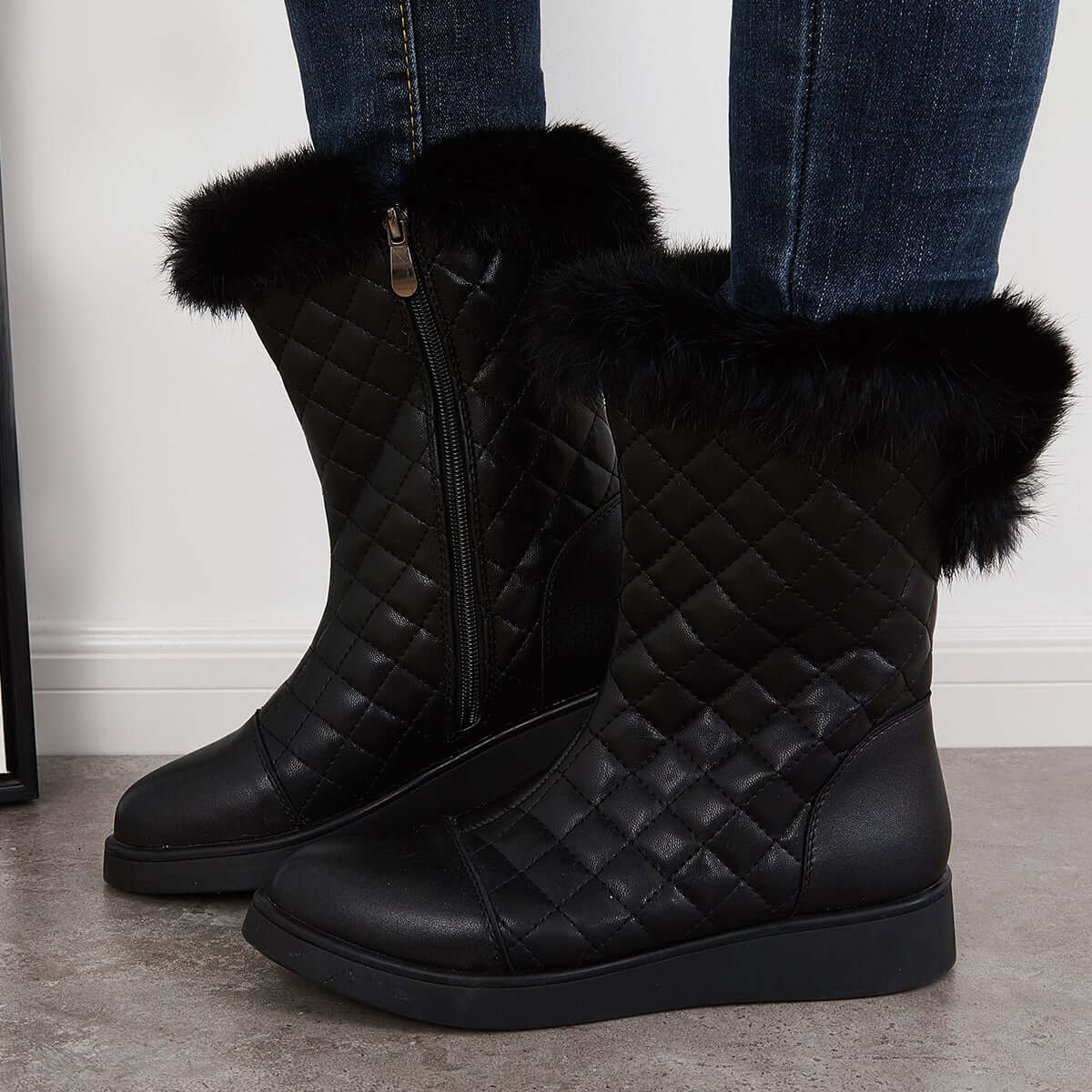Warm Faux Fur Mid Calf Snow Boots Side Zipper Winer Boots