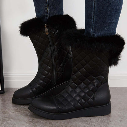 Warm Faux Fur Mid Calf Snow Boots Side Zipper Winer Boots