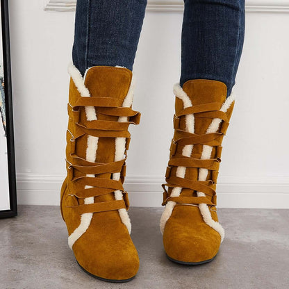 Warm Fur Mid Calf Snow Boots Wide Calf Hidden Wedge Boots