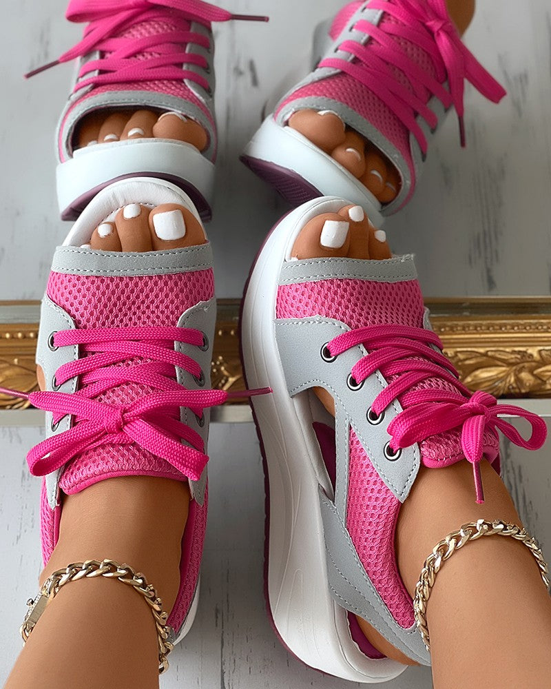 Contrast Paneled Cutout Lace-up Muffin Sandals