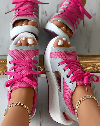 Contrast Paneled Cutout Lace-up Muffin Sandals