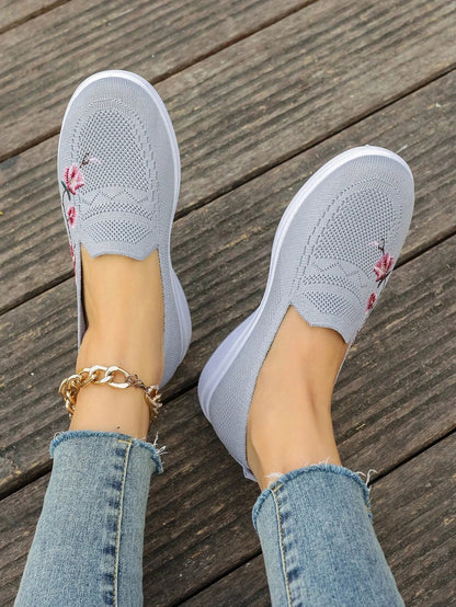 Sporty Sneakers For Women, Floral Embroidered Slip On Rocking Shoes
