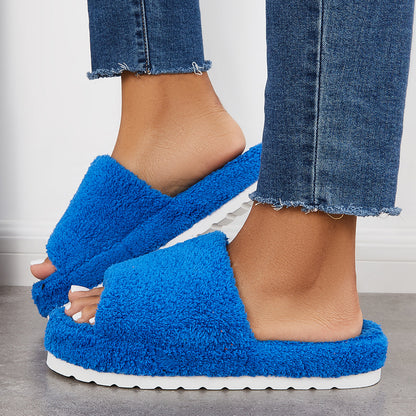 Open Toe Faux Fur Flat Slippers Soft Warm Slip on Furry Slippers
