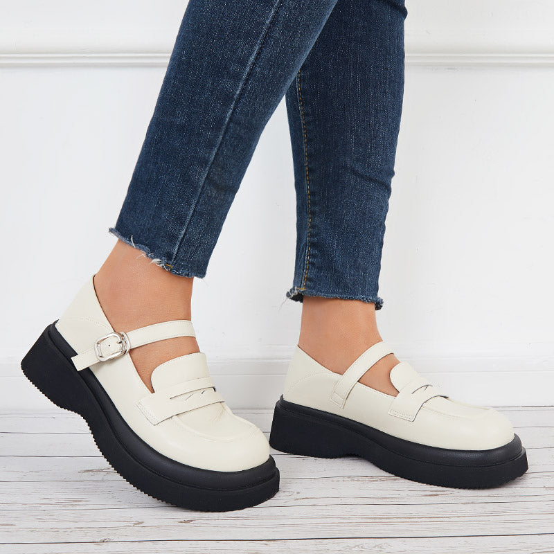 Round Toe Platform Mary Jane Loafers Buckle Strap Uniform Shoes
