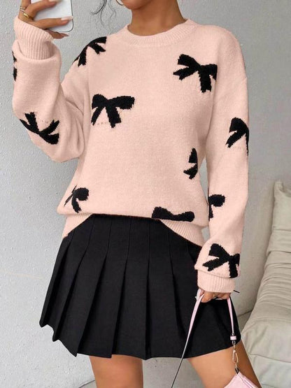 Stylish Bow Pattern Crew Neck Winter Sweater