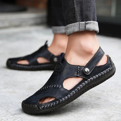 Men's Summer Hand Stitching Soft Outdoor Closed Toe Leather Beach Sandals Slippers