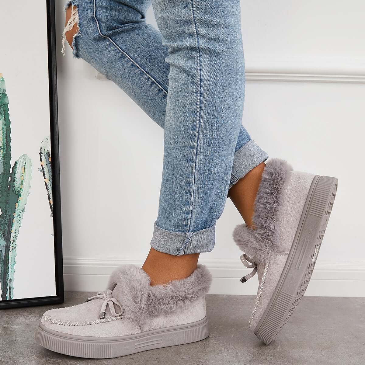 Suede Warm Flat Slip on Snow Boots Faux Fur Lined Loafer Shoes