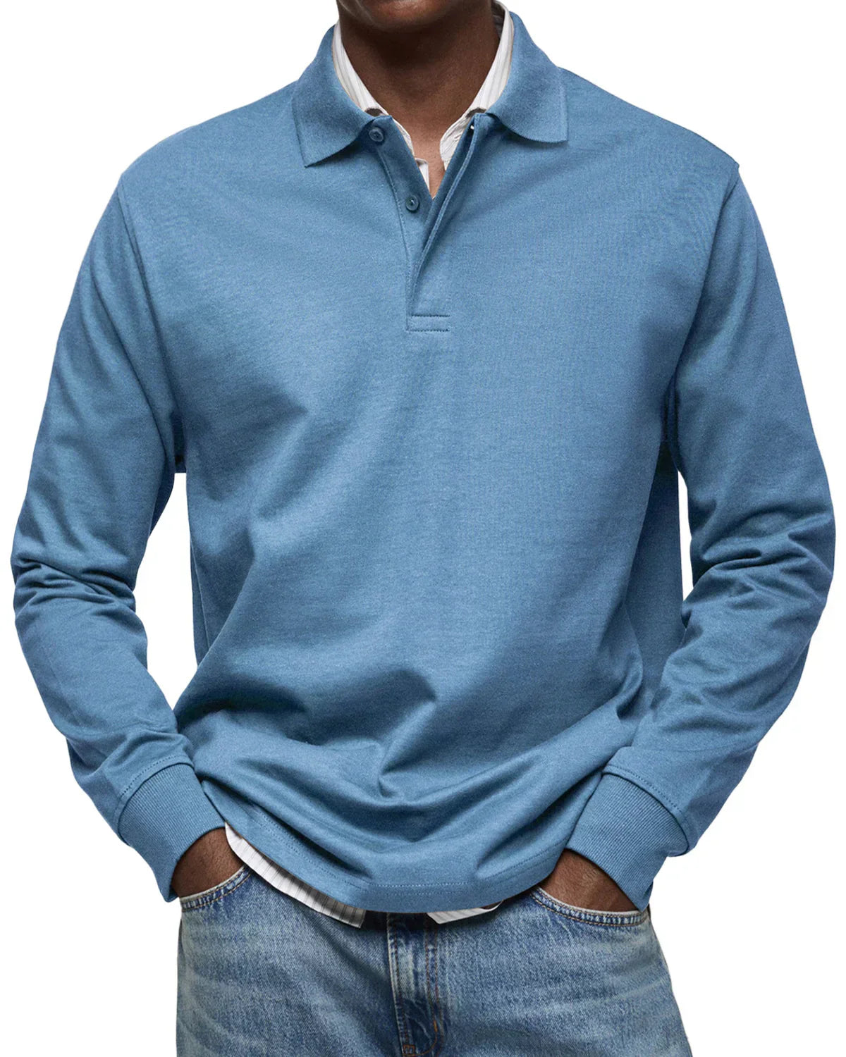 Men's Simple Long Sleeve Polo Top - Everyday Basic Tee
