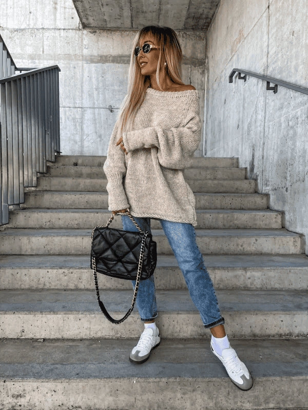 Relaxed Fit Women's Off Shoulder Sweater - OutfitLondon