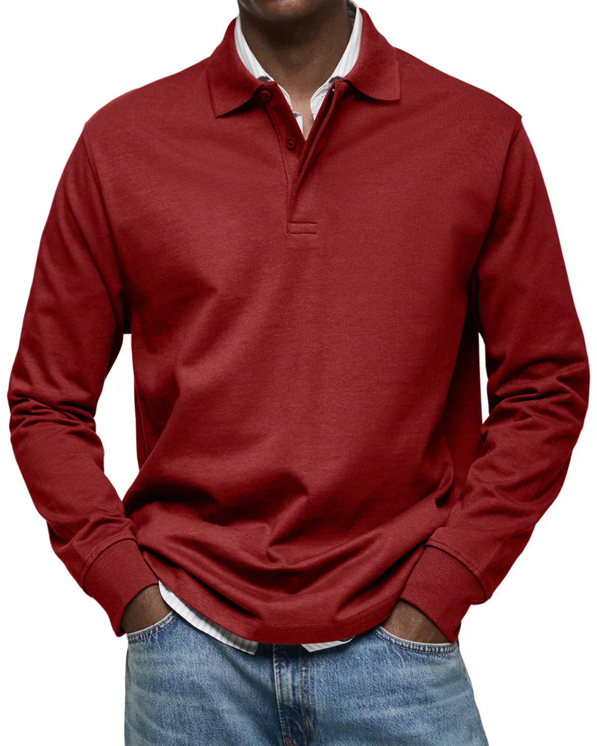 Men's Simple Long Sleeve Polo Top - Everyday Basic Tee
