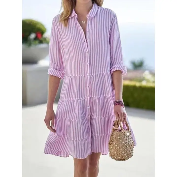 Breathable Cotton Stripe Sundress | Casual Button Front Dress