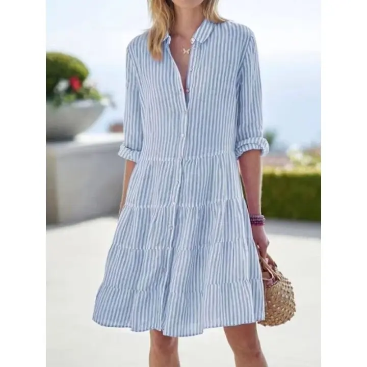 Breathable Cotton Stripe Sundress | Casual Button Front Dress