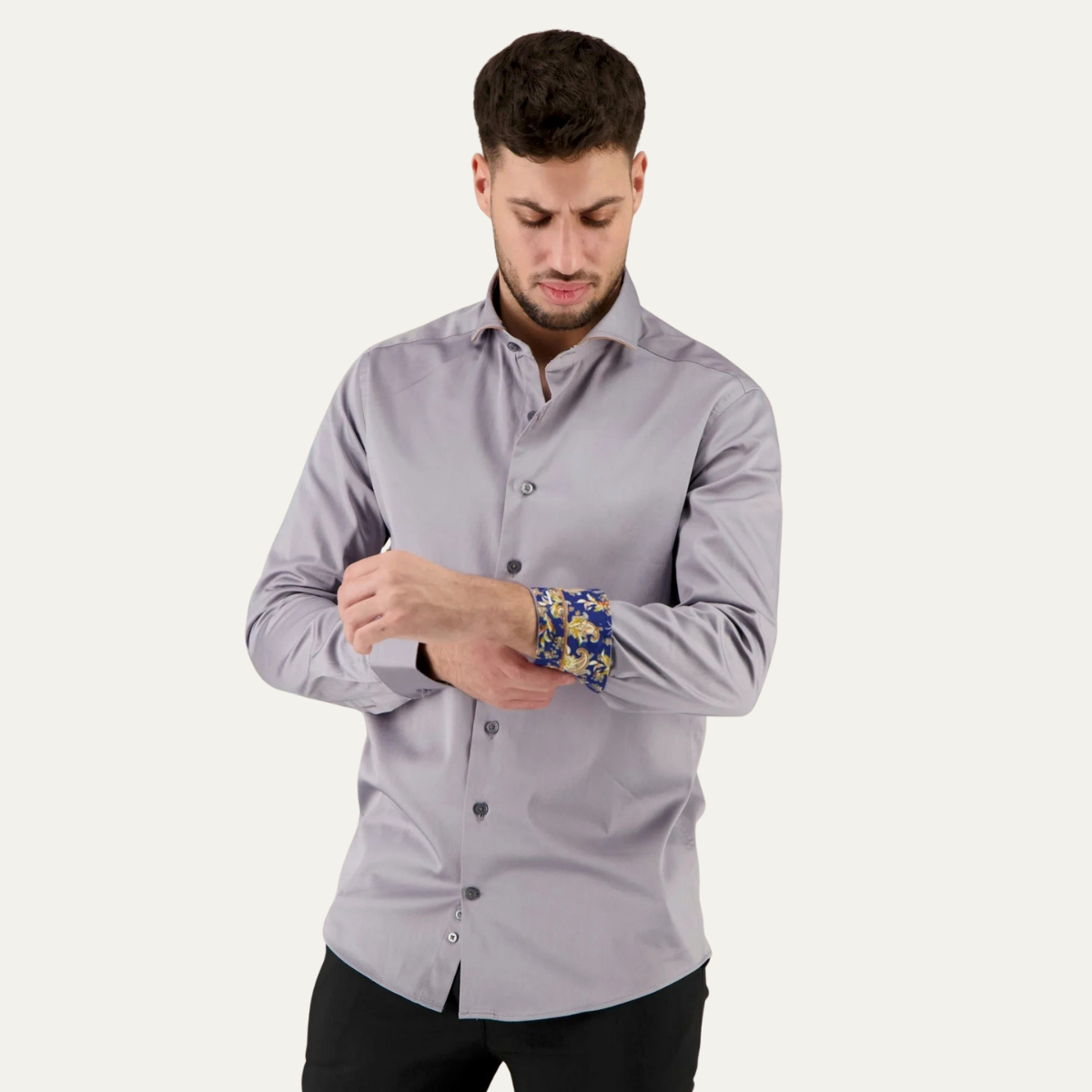 Slim Fit Grey Cotton Dress Shirt for Men