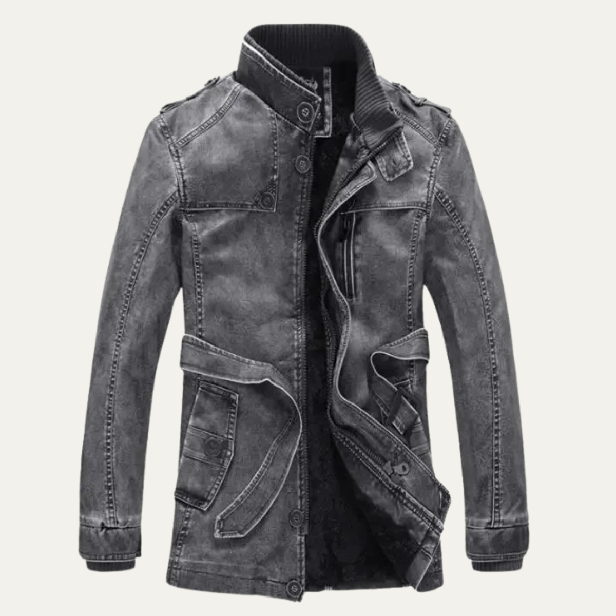 Classic Mens Vintage Fleece Lined Leather Coat