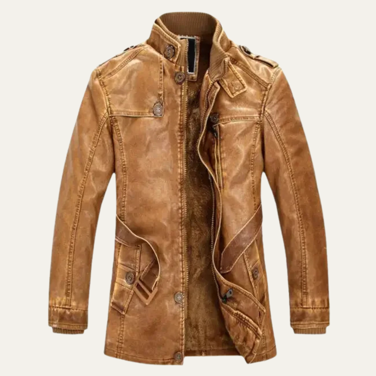 Classic Mens Vintage Fleece Lined Leather Coat