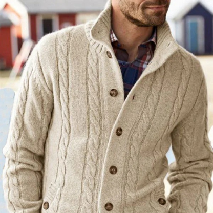Soft Mens Beige Merino Wool Crew Neck Cardigan