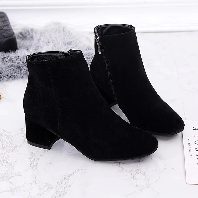 Suede Ankle Boots | Side Zip & Low Block Heel