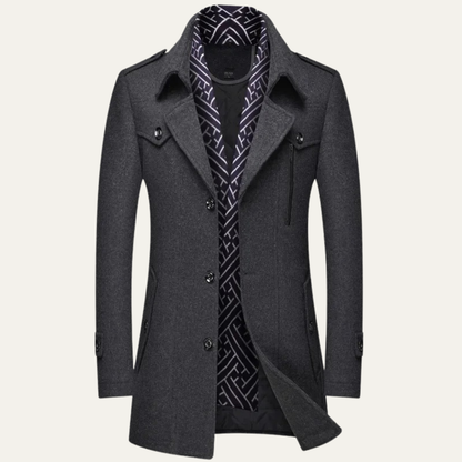 Classic Men's Wool Long Overcoat with Lapel Collar