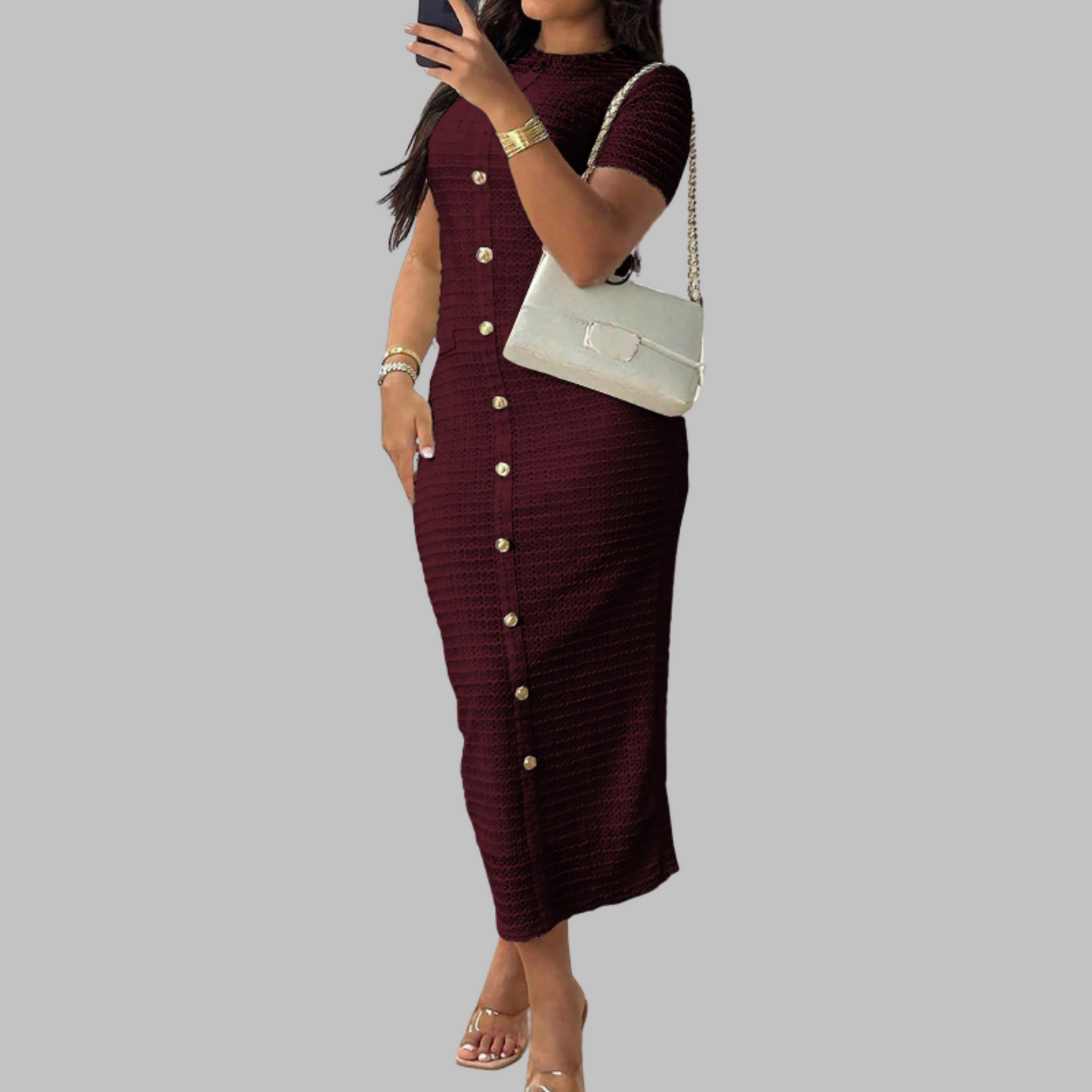 Classic Crew Neck Faux Button Dress
