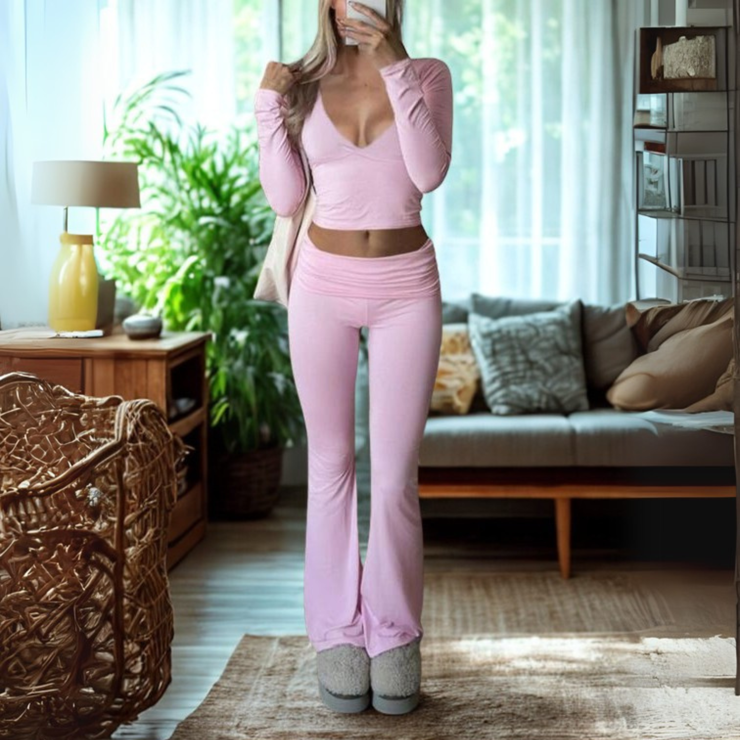 Relaxed Fit V-Neck Crop Top and Leggings Set