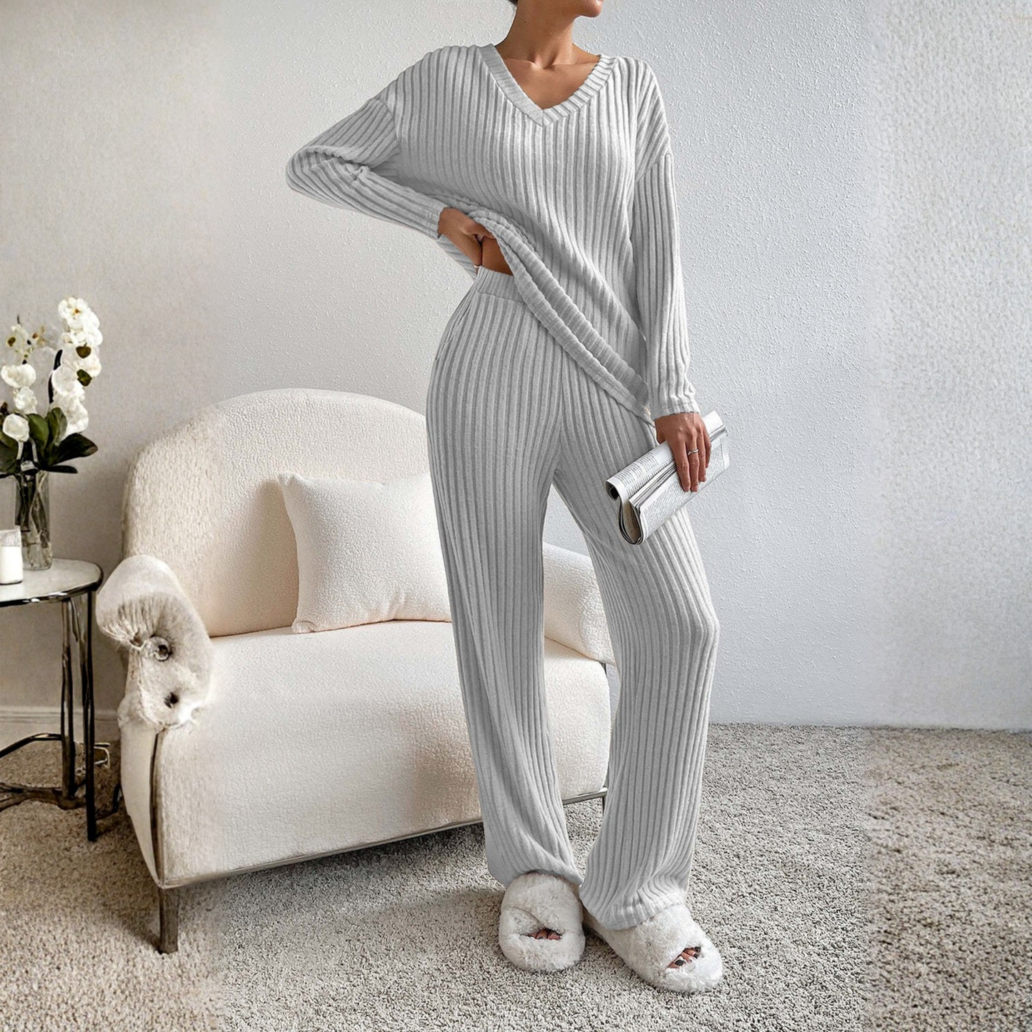 Relaxed Fit Long Sleeve V Neck Loungewear Set