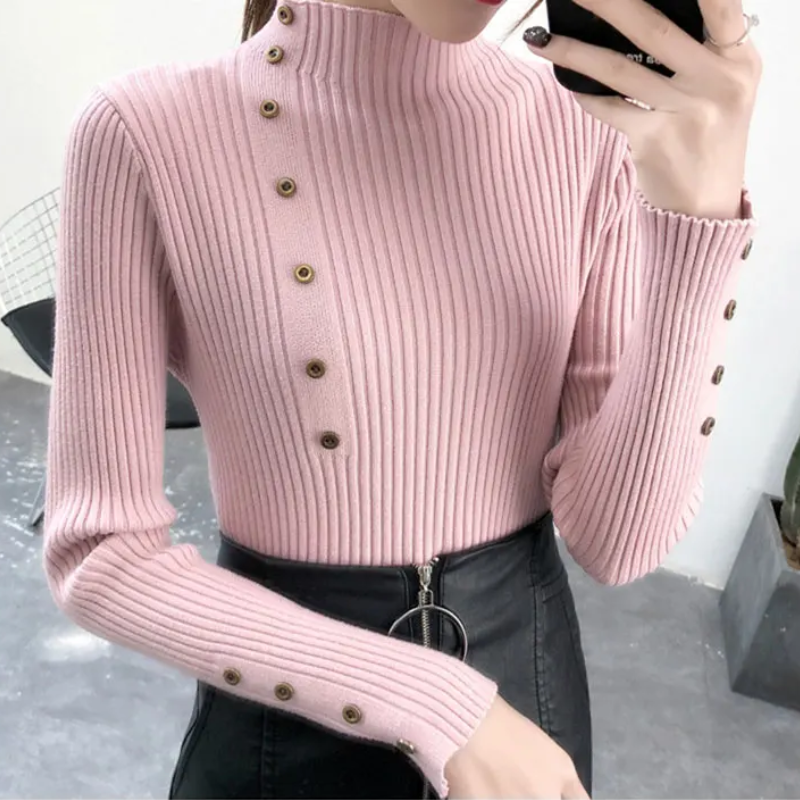 Soft Women's Crew Neck Knit Sweater with Buttons