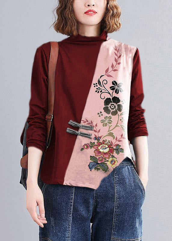 Women's Cotton Blouse High Collar Red Floral - OutfitLondon