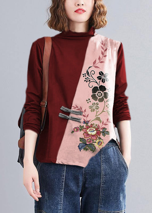 Women's Cotton Blouse High Collar Red Floral - OutfitLondon