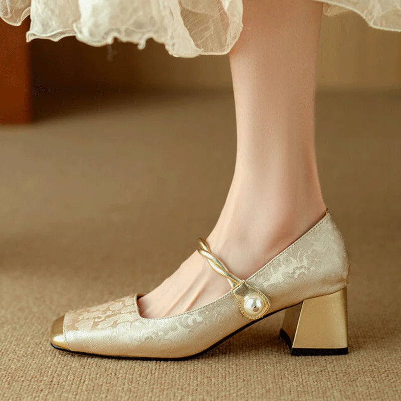 Floral Embossed Square Toe Heels