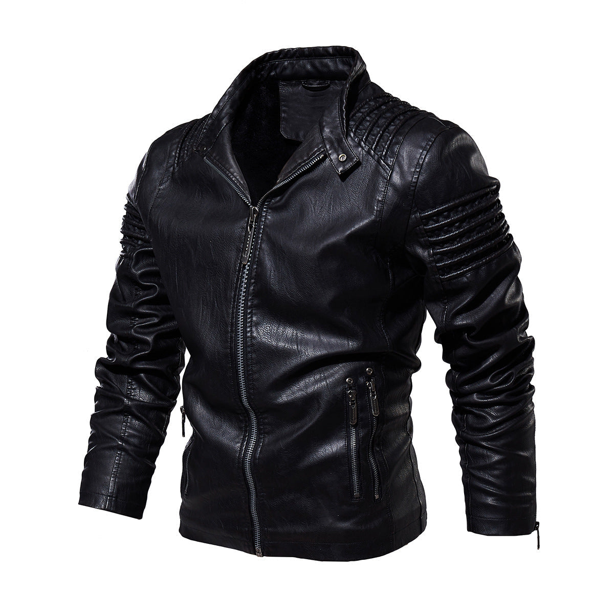 Faux Leather Biker Jacket with Padded Shoulders