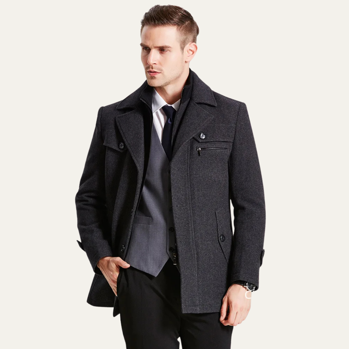 Warm Men's Quilted Trench Coat with Wool Blend