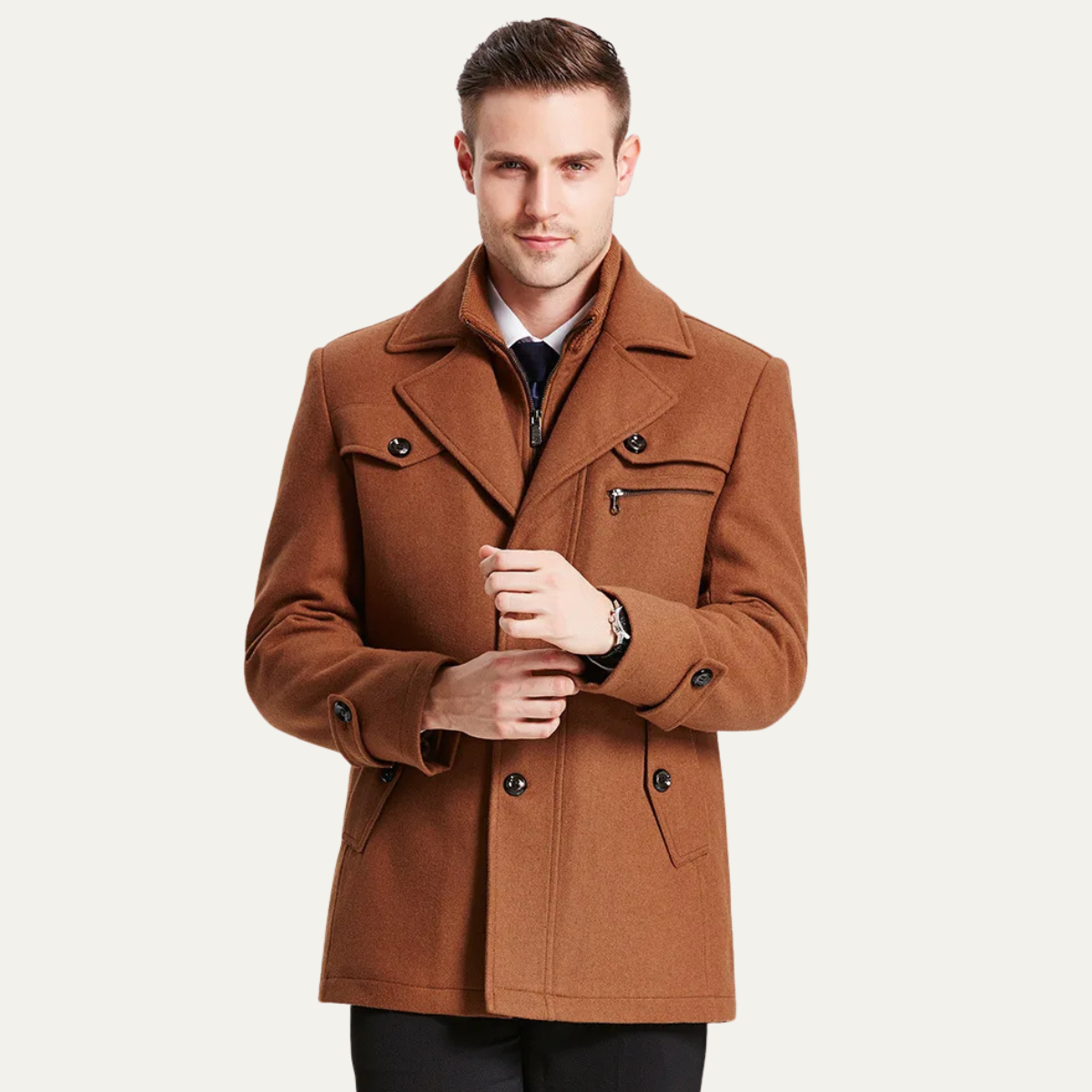 Warm Men's Quilted Trench Coat with Wool Blend