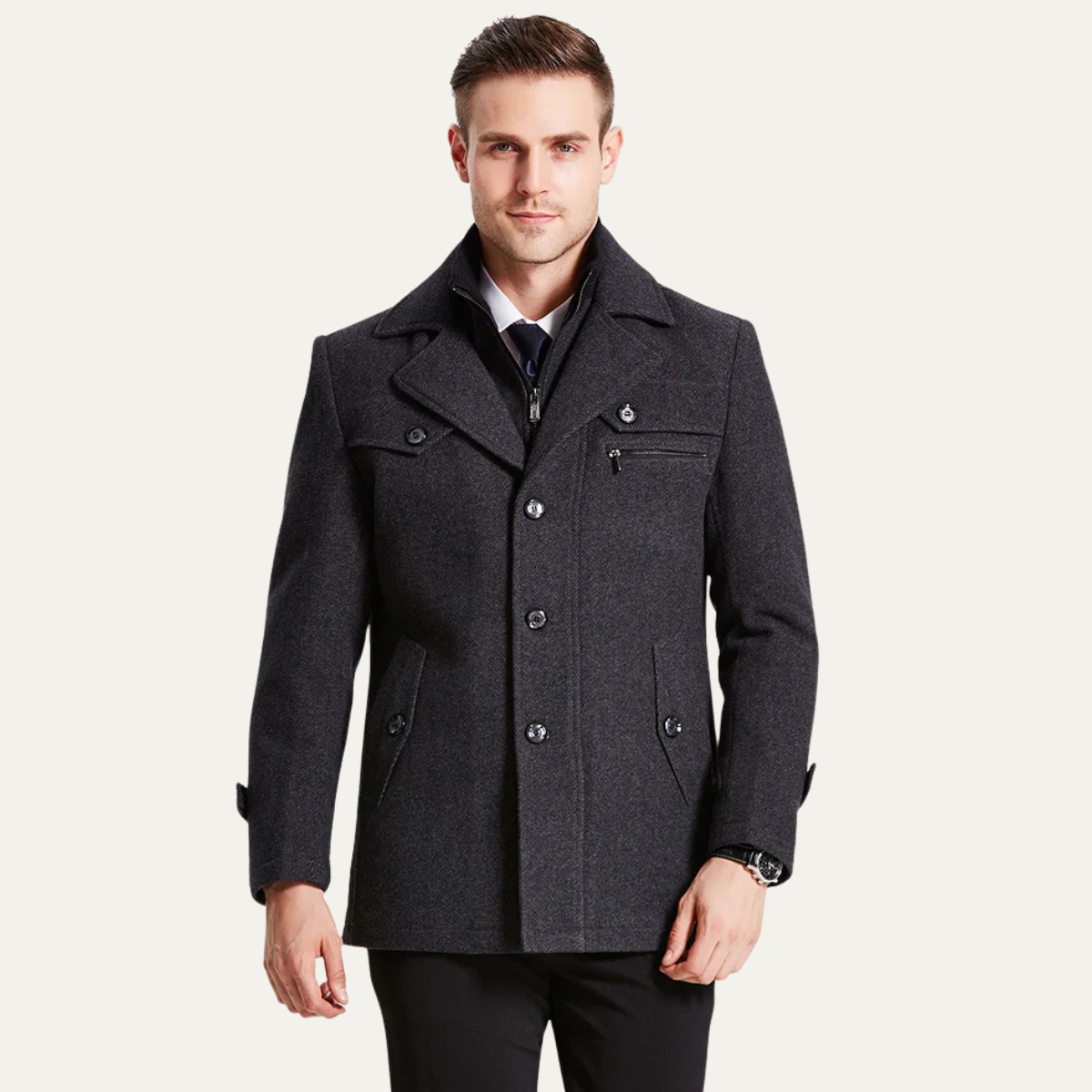 Warm Men's Quilted Trench Coat with Wool Blend